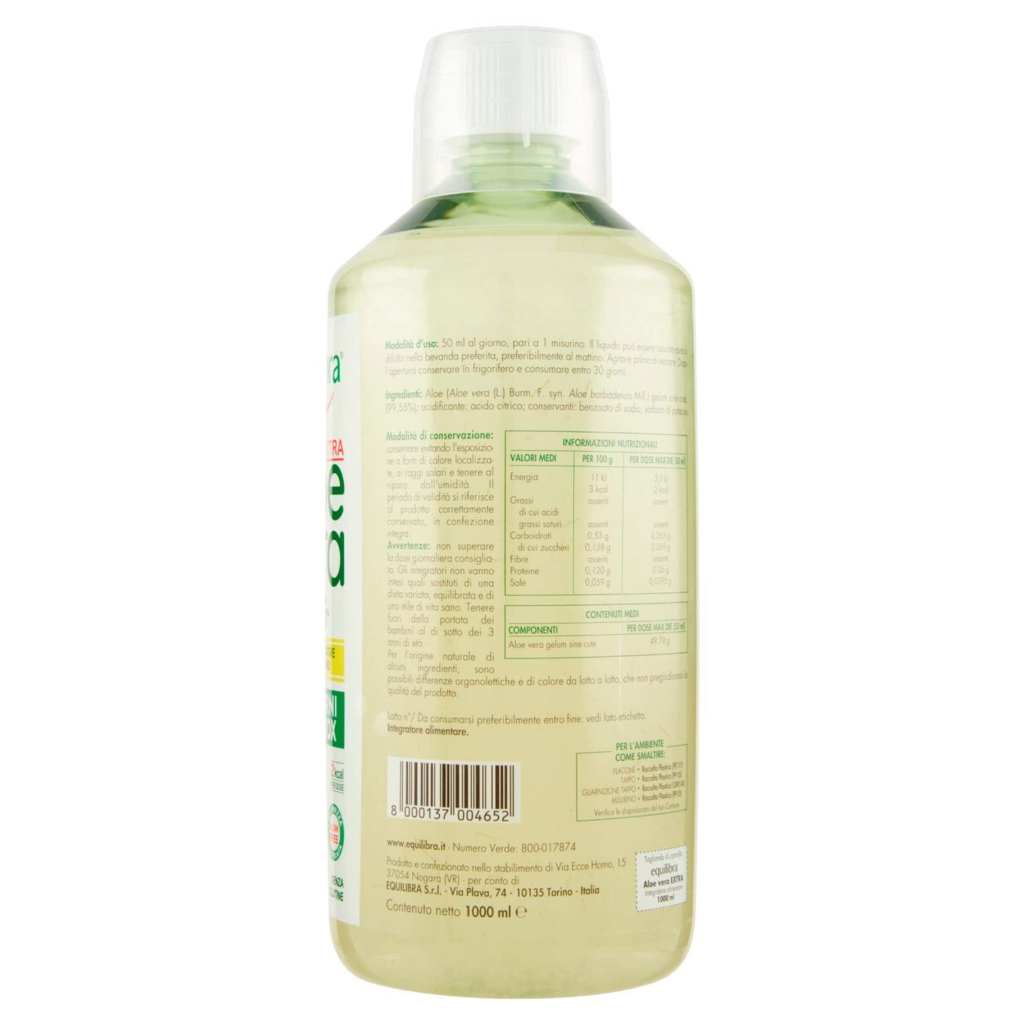 6x Equilibra Integratore per la Depurazione Aloe Vera Extra 99,5% con Pura Polpa e Proprietà Benefiche - 6 Flaconi da 1000ml