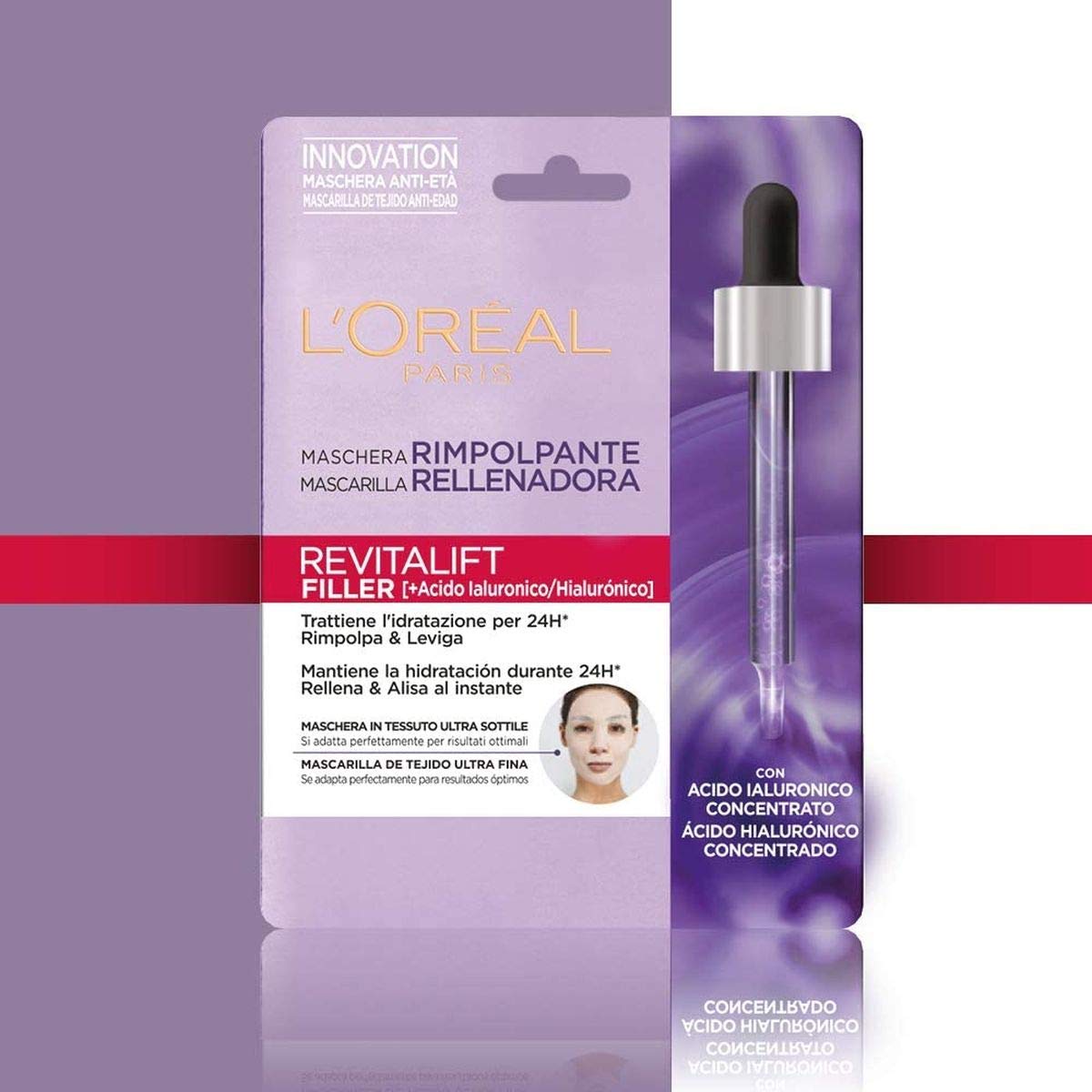 L'Oréal Paris Maschera in Tessuto Revitalift Filler, Maschera in Tessuto Rimpolpante Anti-Età con Tecnologia Effetto Seconda Pelle, Arricchita con Acido Ialuronico, 30 G, Confezione da 3