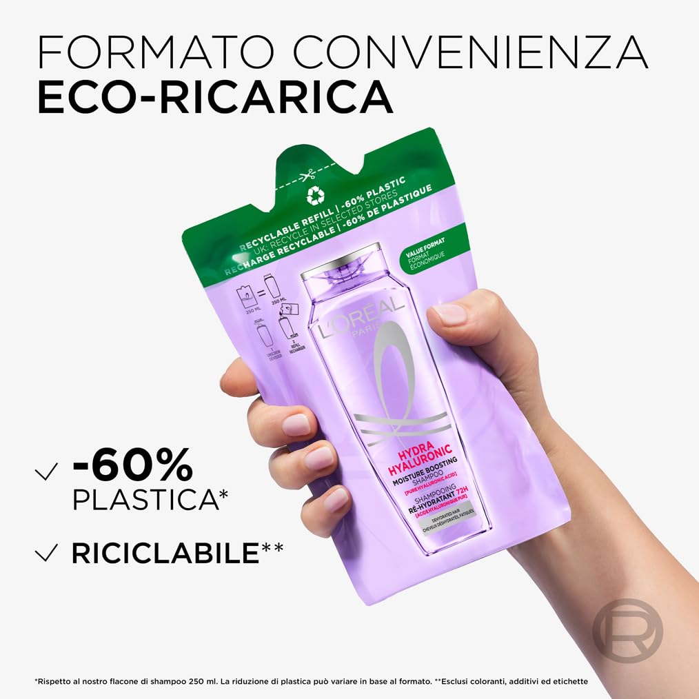 L'Oréal Elvive Shampoo Idratante, Per Capelli Secchi e Spenti, Capelli Luminosi, Voluminosi e Leggeri, 72H di Idratazione, Con Acido Ialuronico Puro, Formato Eco-Ricarica, Hydra Hyaluronic, 250 ml