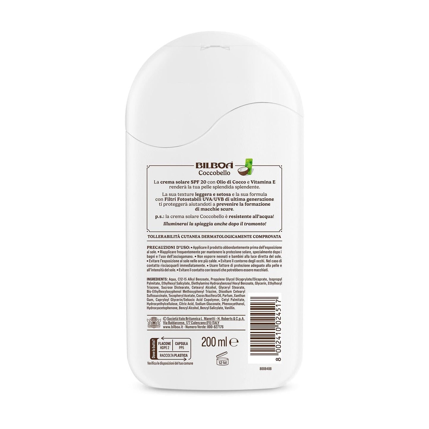 Bilboa Coccobello Latte Solare SPF 20, con Olio di Cocco, Illuminati d’Immenso, Resistente all'Acqua, 200 ml