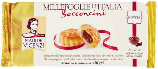 Matilde Vicenzi 3 x Millefoglie Bocconcini Italien Puff Pâtisserie Biscotti con crema di cioccolato 125 g Depuis 1905.