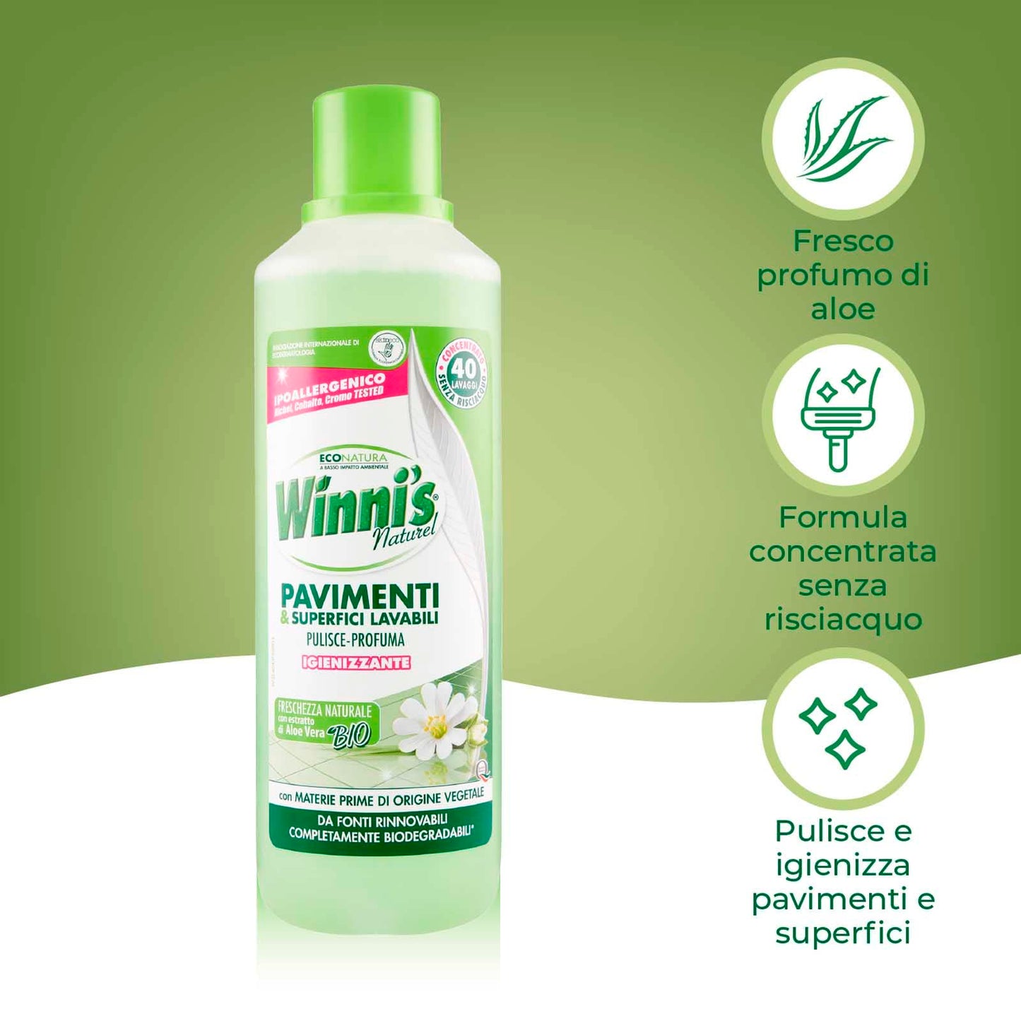 Winni's Naturel Pavimenti e Superfici Lavabili Detergente e Igenizzante Estratto di Aloe Vera Bio Concentrato con Materie Prime di Origine Vegetale Completamente Biodegradabili - 3 Flaconi da 1L