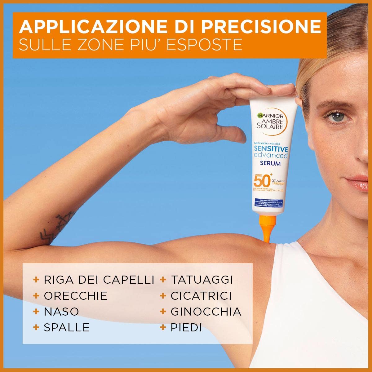 Garnier Siero Corpo Protettivo Sensitive Advanced, Per Pelli Sensibili, Protezione SPF 50+, Resistente All'Acqua, Con x2 Ceramidi, Ambre Solaire, 125 ml