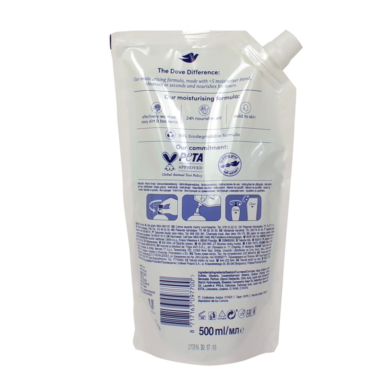 Dove Pflegende Lozione per lavaggio a mano Gurke e Grüner Tee con 1/4 di freno per idratazione, confezione da 500 ml (1 confezione da 500 ml)