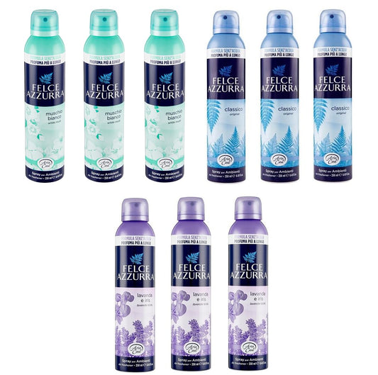 Felce Azzurra Test Pack Spray per Ambienti Room Spray Classico Talco Lavanda e Iris Muschio Bianco (9 x 250ml)
