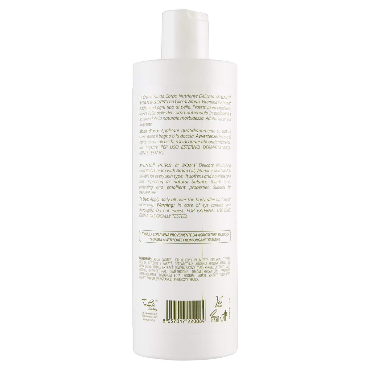 Avenil Pure & Soft Crema Fluida Corpo Nutriente Argan & Vitamina E, 400ml
