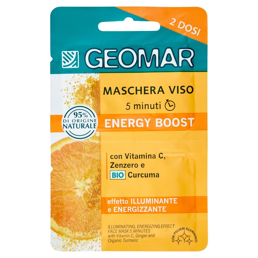 GEOMAR | Maschera Viso Energy Boost, Effetto Illuminante e Energizzante, 5 minuti, 95% di Origine Naturale, Dermatologicamente Testata, Made in Italy, 6 x 15 ml