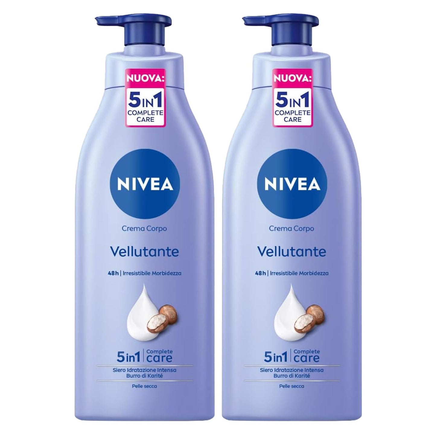 NIVEA Crema Corpo Vellutante 48h con Siero Idratazione Intensa e Burro di Karité Effetto Pelle Morbida e Liscia per Pelle Secca - 2 Flaconi da 500ml