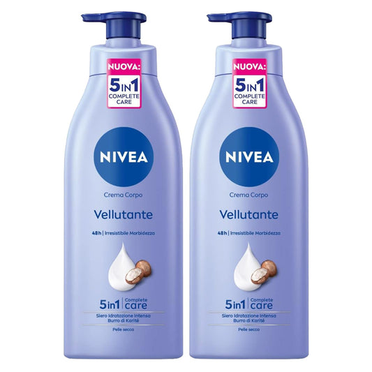 NIVEA Crema Corpo Vellutante 48h con Siero Idratazione Intensa e Burro di Karité Effetto Pelle Morbida e Liscia per Pelle Secca - 2 Flaconi da 500ml