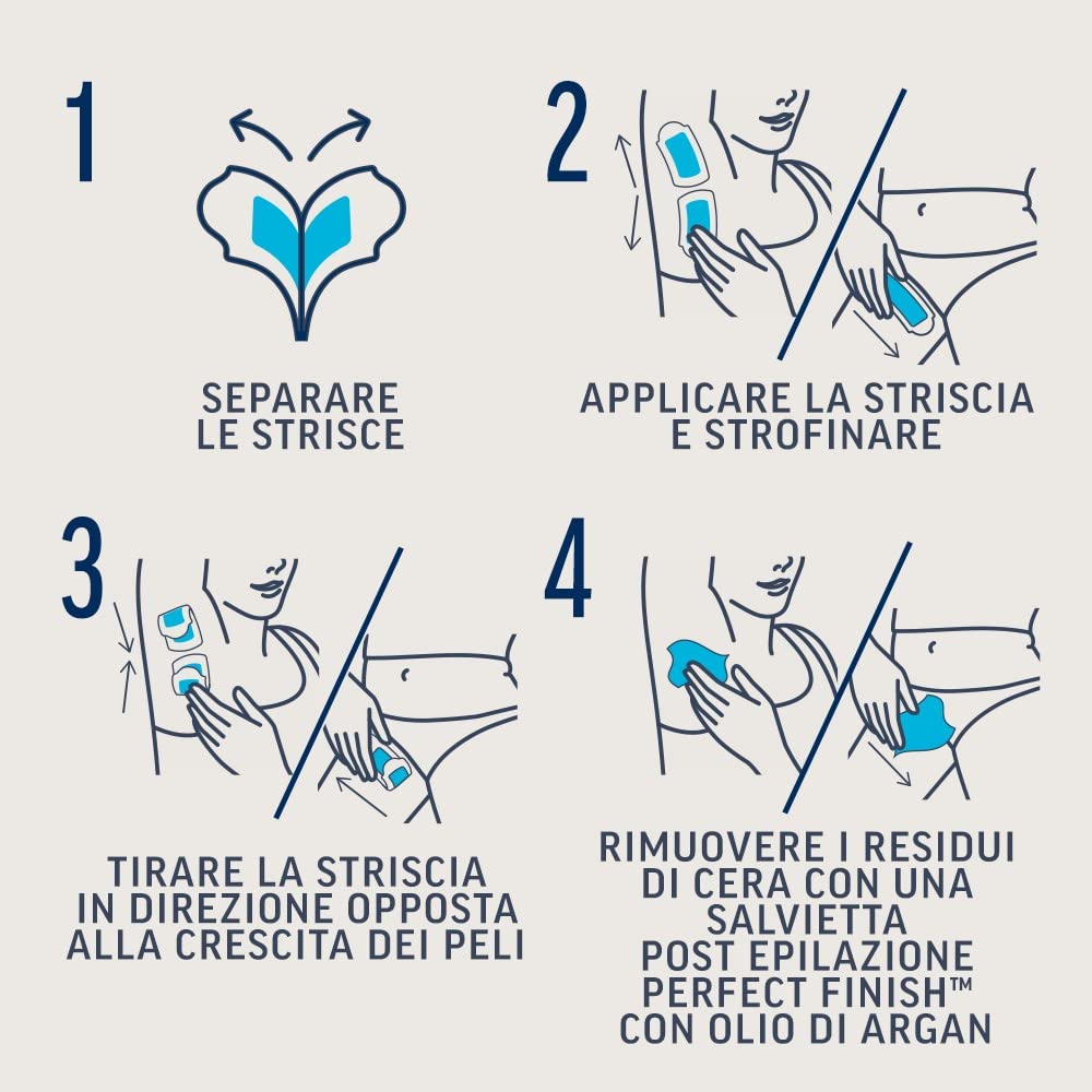 Veet Expert Strisce Depilatorie Ascelle e Zona Bikini, Ceretta per Pelli Sensibili con Olio di Mandorla, Dermatologicamente Testate, 16 Strisce (8x2 Strisce) + 3 Salviette Post-Epilazione