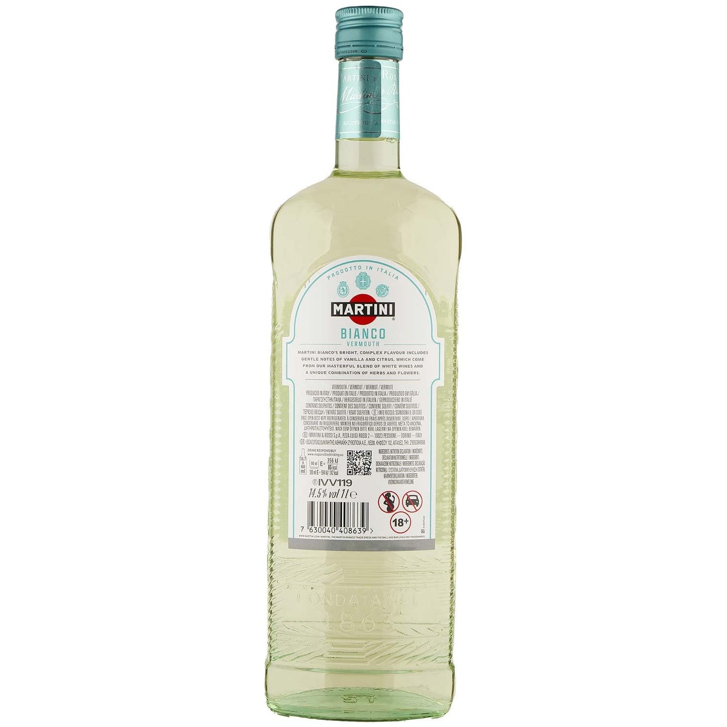 MARTINI Bianco Vermouth Aperitivo, 14,5% ABV, 100cl / 1L, Vermouth Italiano Infuso con Erbe Aromatiche e Fiori