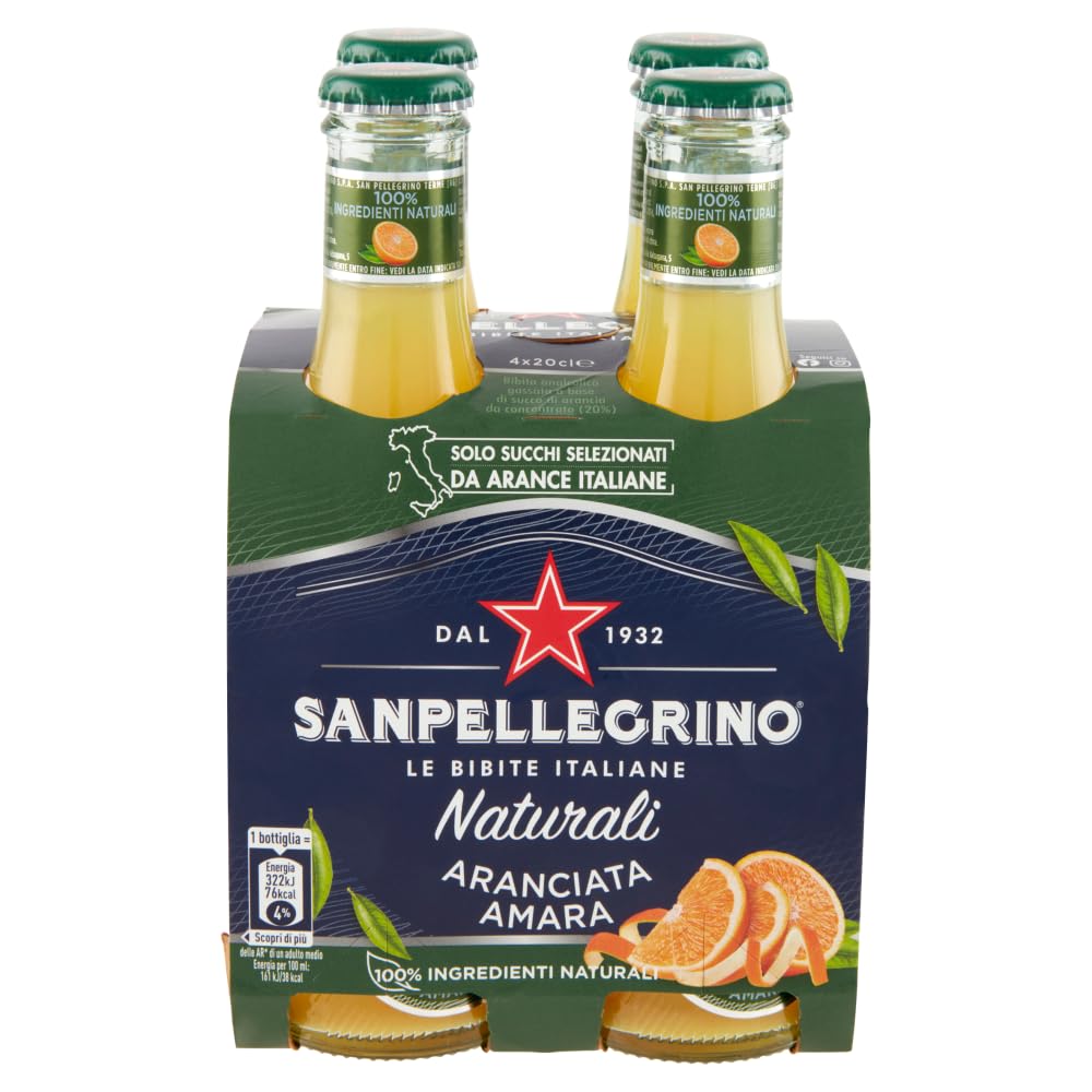 12x San Pellegrino Aranciata Amara Naturali Bevanda Analcolica Rinfrescante con succo di Arancia italiano, Bottiglia di vetro 20cl