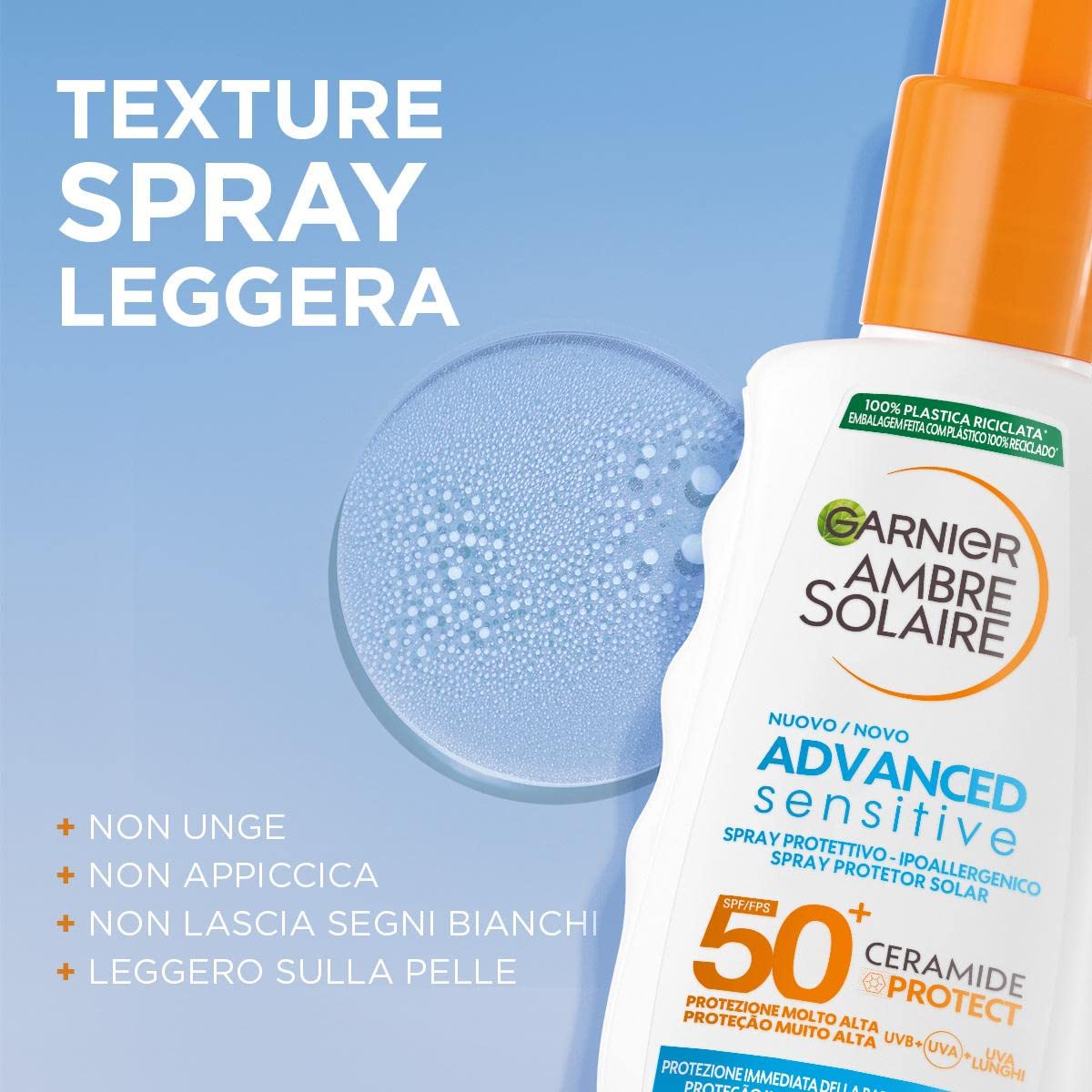 Garnier Ambre Solaire Advanced Sensitive Adulti Ceramide Protect Spray Protettivo SPF50+, 150 ml