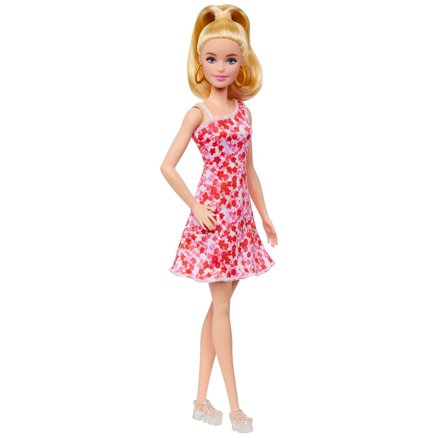 Barbie - Bambola Fashionistas con coda bionda, abito floreale rosa e rosso, sandali con plateau e orecchini a cerchio, giocattolo per bambni, 3+ anni, HJT02