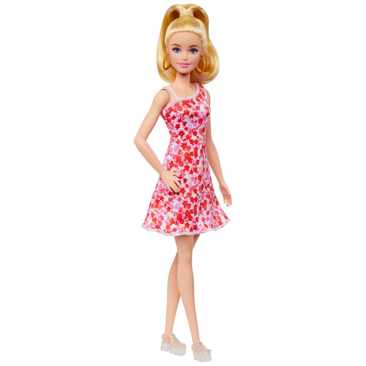 Barbie - Bambola Fashionistas con coda bionda, abito floreale rosa e rosso, sandali con plateau e orecchini a cerchio, giocattolo per bambni, 3+ anni, HJT02