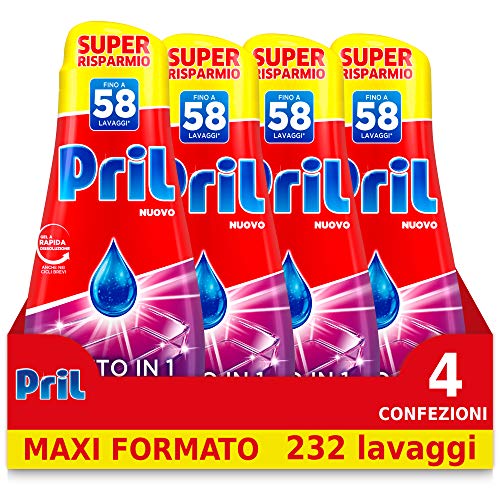 Pril Gel All in One Sciogli Grasso Detersivo Lavastoviglie Liquido Multi-Azione Sporco Difficile, 4 Confezioni da 58 Lavaggi