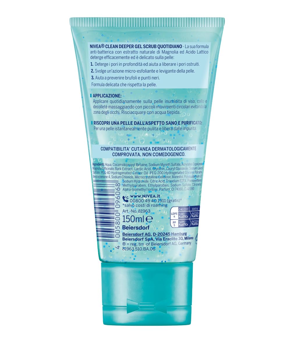 NIVEA Clean Deeper Gel Scrub Quotidiano Esfoliante per Punti Neri Antibatterico con Estratto di Magnolia e Acido Lattico - 3 Flaconi da 150ml