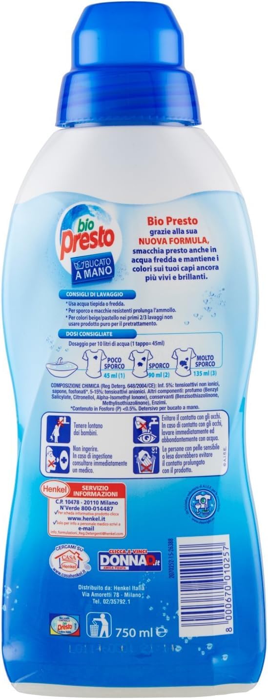 Bio Presto Liquido Detergente a Mano, Smacchia Presto, Anche in Acqua Fredda - 750 ml, 5 confezioni