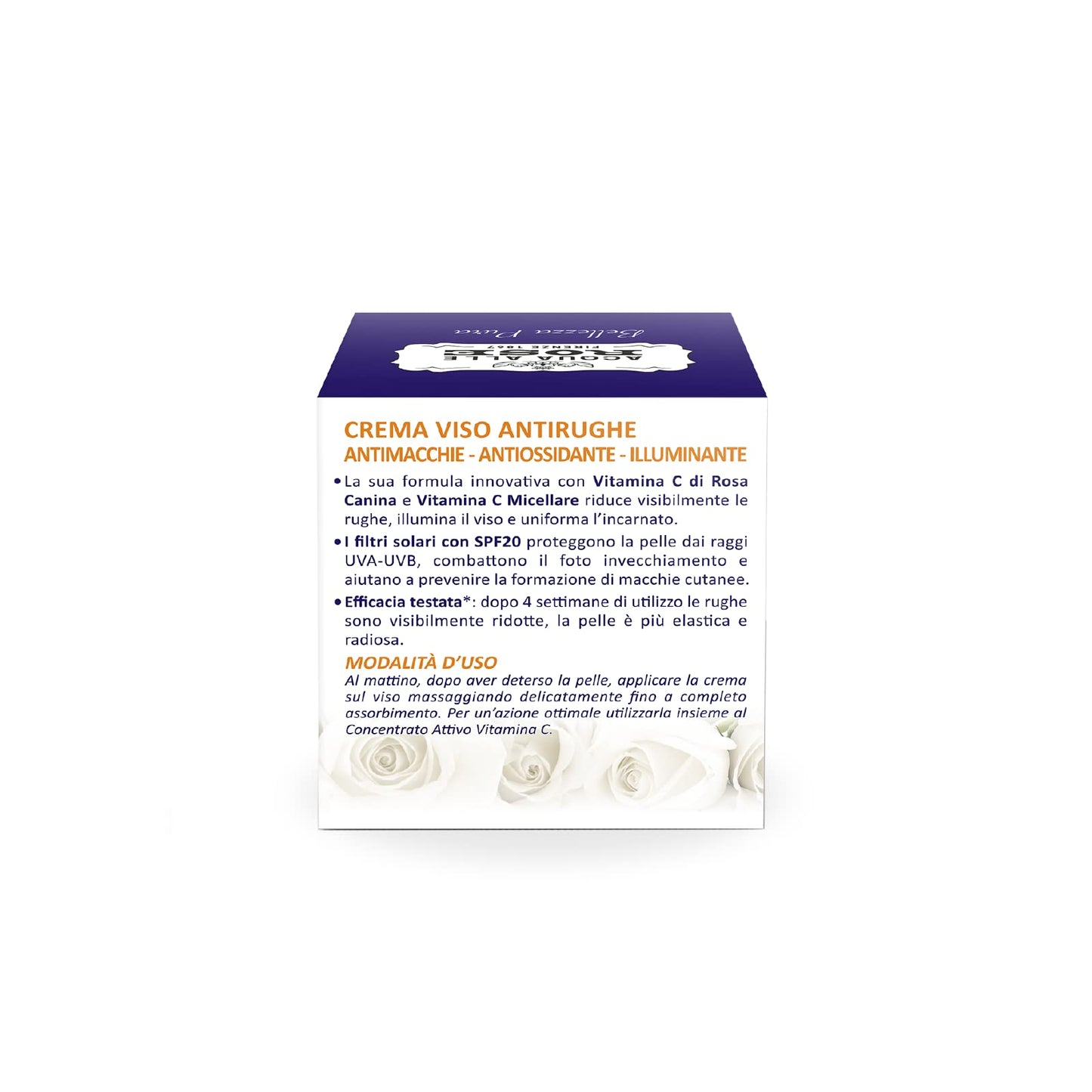 Acqua alle Rose, Crema Viso Illuminante Antirughe con Vitamina C di Rosa Canina e Vitamina C Micellare, Antirughe, Antimacchie, Antiossidante e Illuminante, SPF20, Pelle Elastica e Radiosa - 50 ml