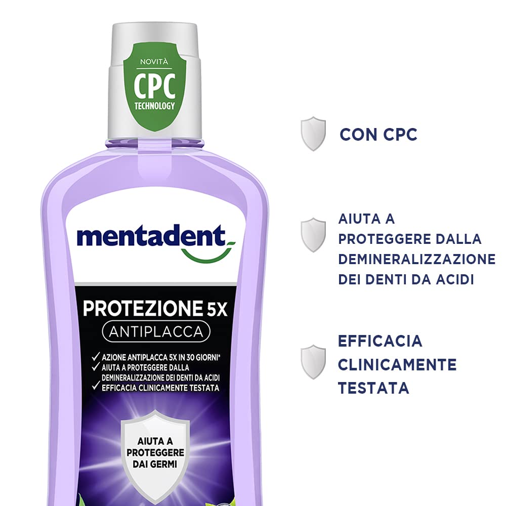 Mentadent Collutorio Protezione 5x Antiplacca con CPC per una protezione antibatterica per la bocca, 6 pezzi da 400 ml