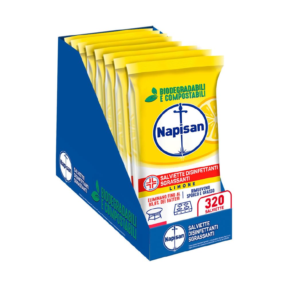 Napisan Salviette Disinfettanti Sgrassanti al Limone, Confezione da 8 Pacchi x 40 Salviette Disinfettanti Biodegradabili e Compostabili Multisuperfici