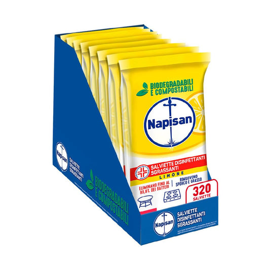 Napisan Salviette Disinfettanti Sgrassanti al Limone, Confezione da 8 Pacchi x 40 Salviette Disinfettanti Biodegradabili e Compostabili Multisuperfici