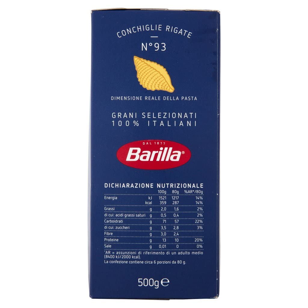10 Pasta Barilla Conchiglie Rigate N. 93 - Pasta Italiana 500 g Pack