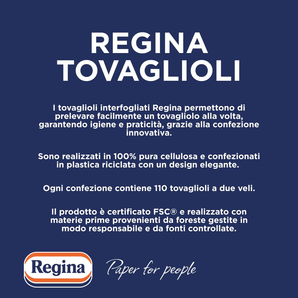 Regina Tovaglioli Interfogliati – Confezione da 110 Tovaglioli a 2 Veli, Pratici e Facili da Usare, 100% Pura Cellulosa, Confezione Dispenser in Plastica Riciclata, Certificata