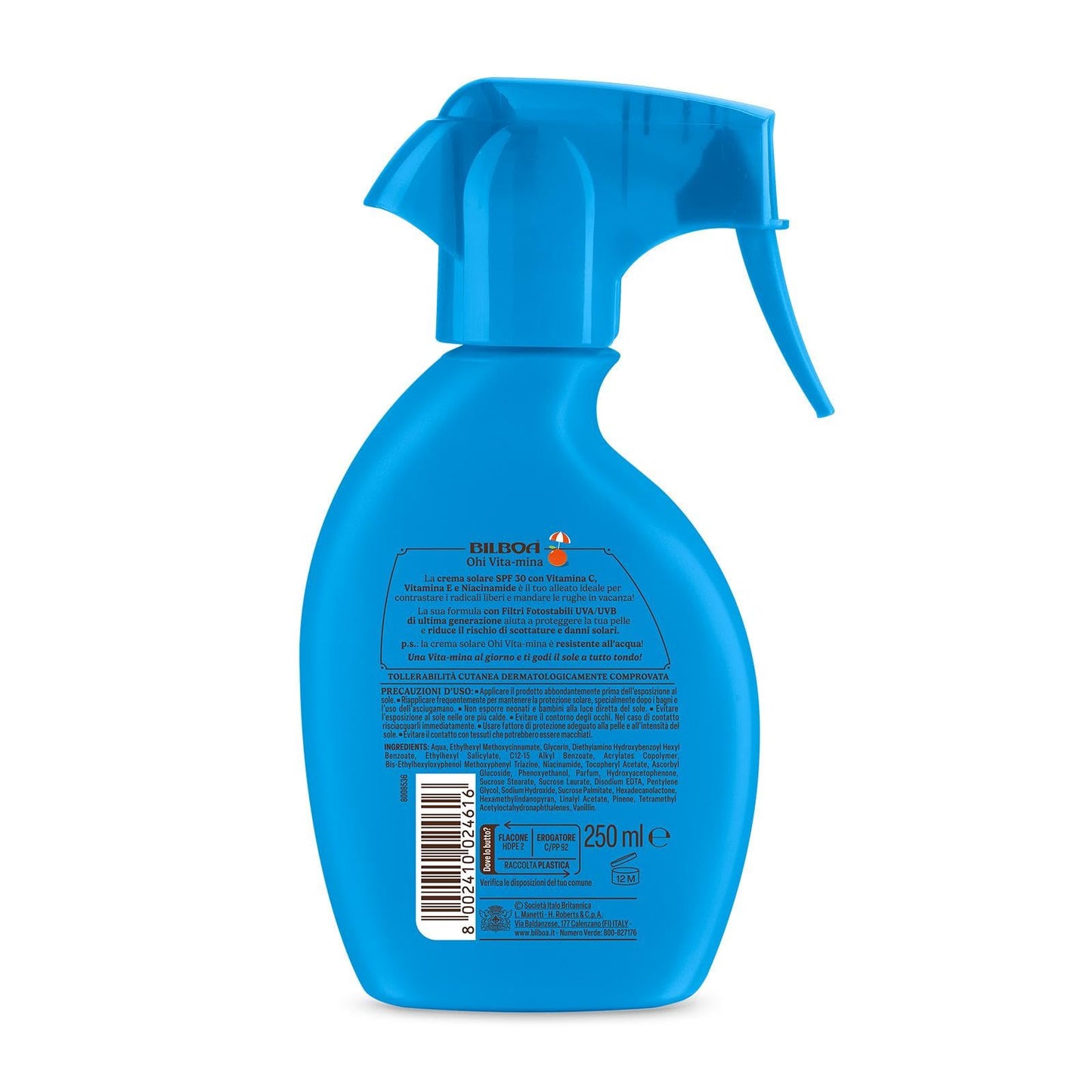 Bilboa Ohi Vita-mina Trigger SPF 30, con Multivitamina, Meglio una Vita-Mina Oggi che una Ruga Domani, Resistente all'Acqua, Dermatologicamente Testato - 200 ml