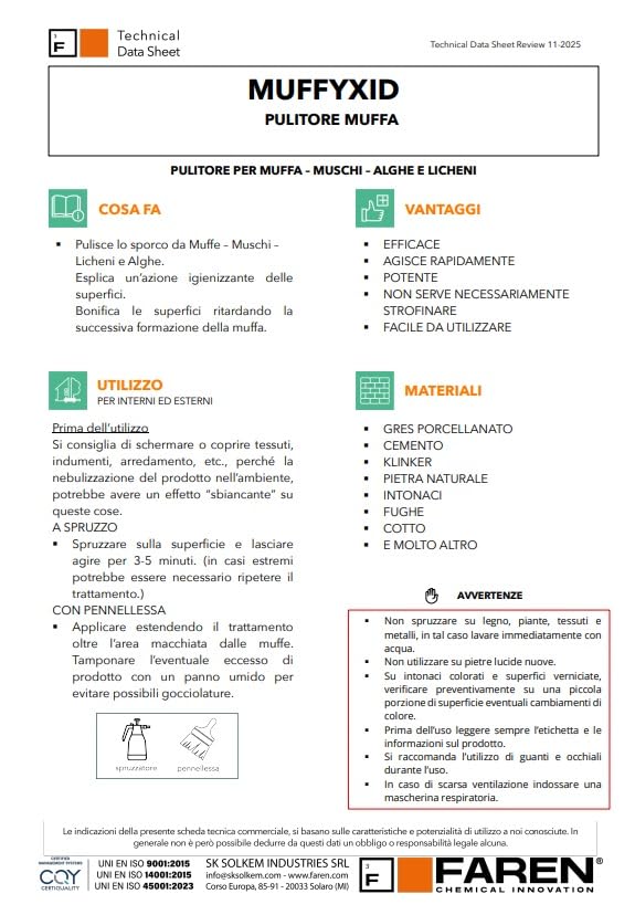 Faren MUFFYXID, Rimuovi Muffa, Antimuffa, Pulitore della Muffa ad Azione Rapida, Igienizzante, Elimina rapidamente Muffe, Funghi, Muschi e Alghe, ritarda la ricomparsa, 500ml