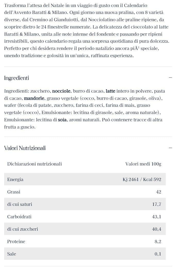 CALENDARIO AVVENTO BARATTI & MILANO CIOCCOLATINI ASSORTITI NATALE 248g