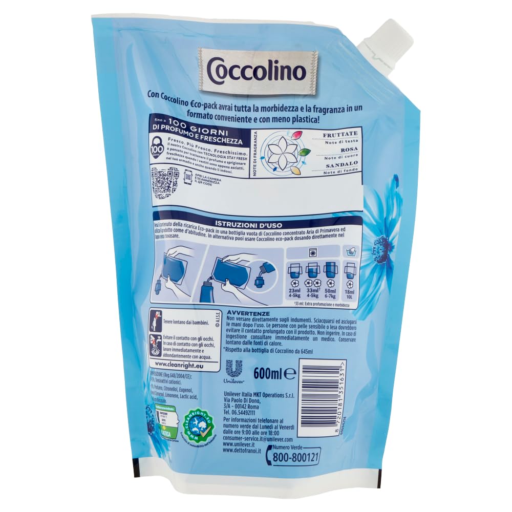 10x Coccolino Ammorbidente Concentrato Aria di Primavera,Eco Pack 26 Lavaggi,Formato Risparmio in Busta da 600ml + 1 Busta di Talco Felce Azzurra in omaggio da 100g