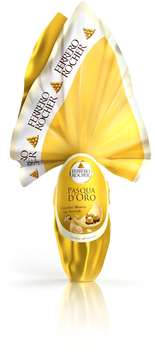Ferrero Rocher - Uovo di Pasqua 2024 al Cioccolato Bianco con Granella di Nocciole, 3 Specialità Ferrero Rocher Incluse, Idea Regalo Pasqua, 212,5 Grammi