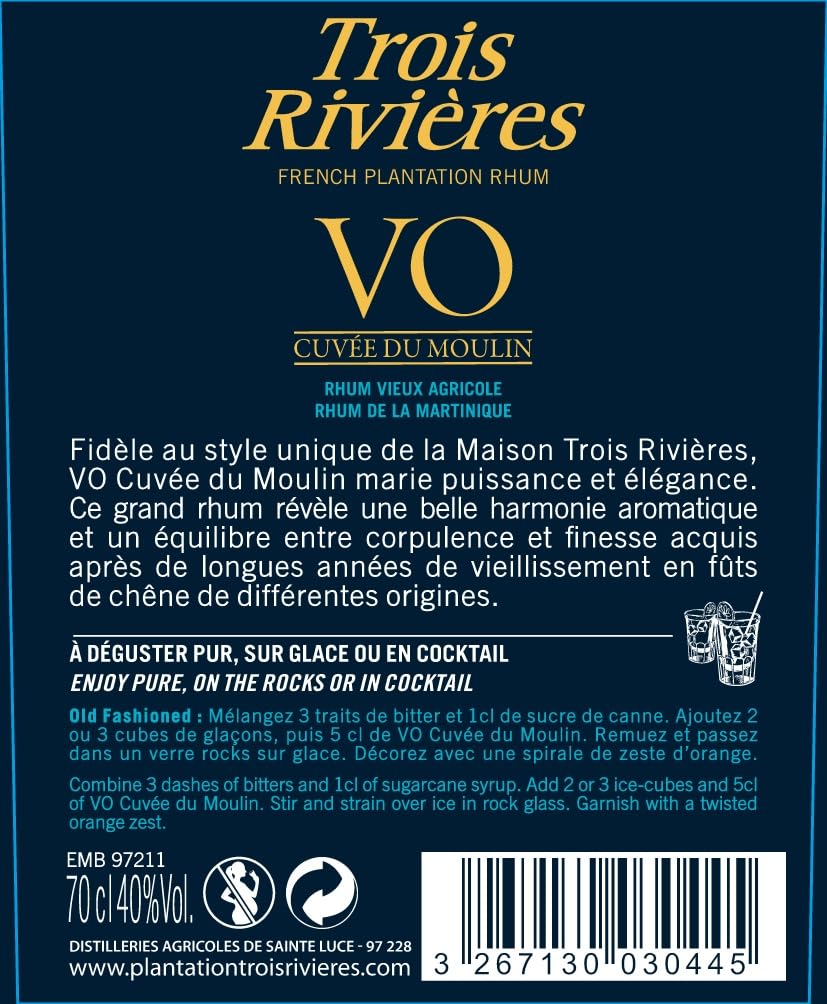 Trois Rivières - V.O. Cuvée du Moulin, 70 cl, Rum Agricolo della Martinica, Invecchiato 3 anni, 40% Vol