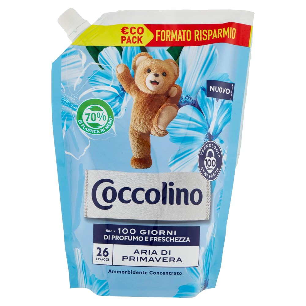 10x Coccolino Ammorbidente Concentrato Aria di Primavera,Eco Pack 26 Lavaggi,Formato Risparmio in Busta da 600ml + 1 Busta di Talco Felce Azzurra in omaggio da 100g
