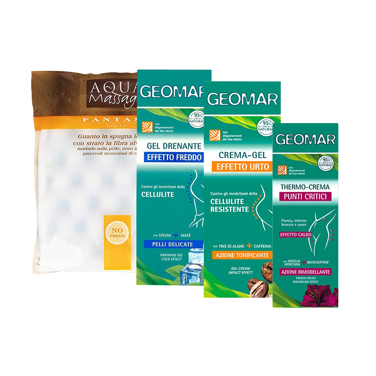 KIT CORPO: Gel Drenante Effetto Freddo + Crema-Gel Effetto Urto + Thermo-Crema Punti Critici + Guanto in Spugna