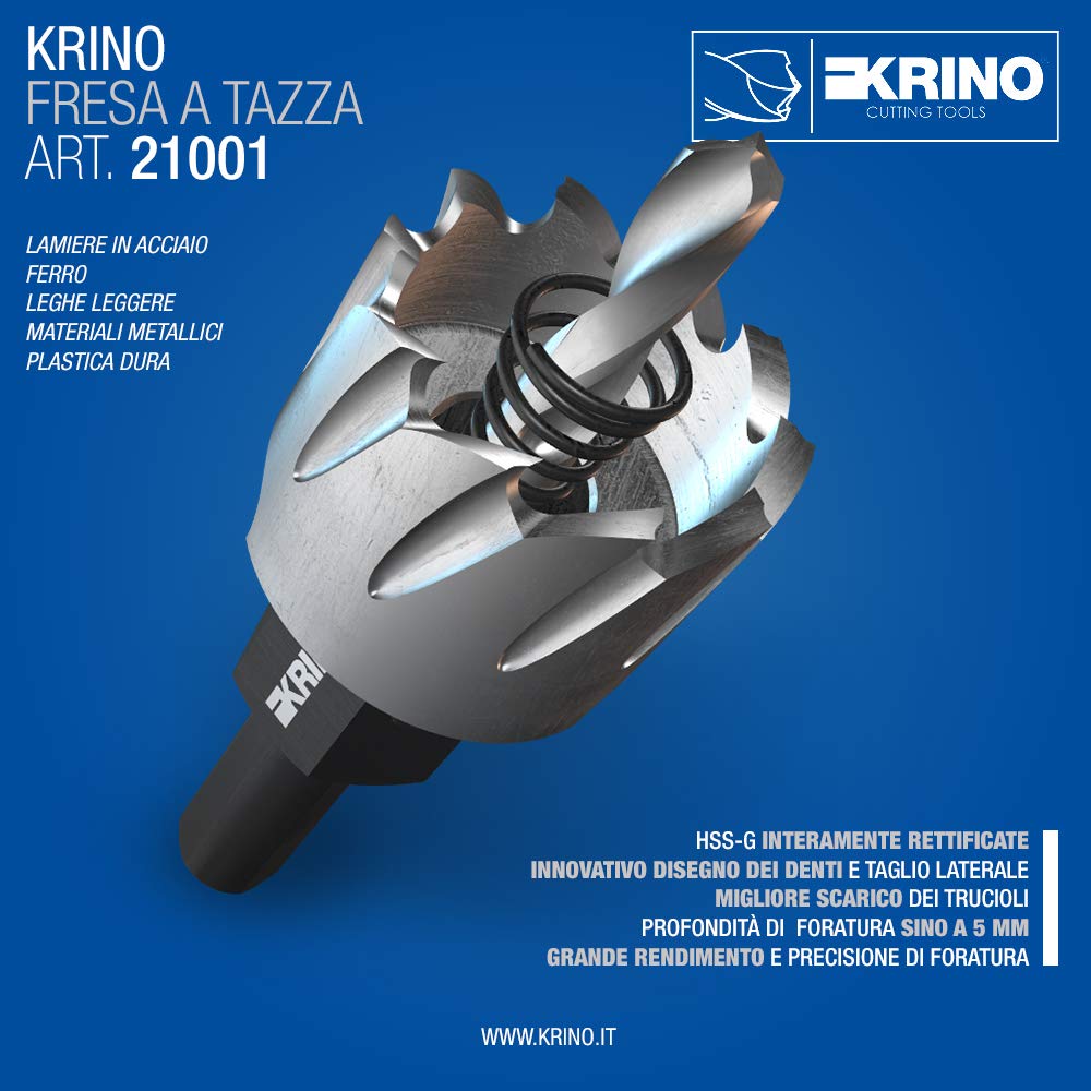 KRINO 2100102200-Fresa Perforatrice a Tazza in HSS-G-Ø Acciaio, 22 mm
