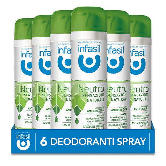 Infasil Neutro Sensazioni Naturali, Deodorante Spray Antimacchia Senza Sali di Alluminio, Efficace fino a 24H, Fragranza con Olio Essenziale, Delicato sulla Pelle, 6 Deodoranti da 150 ml