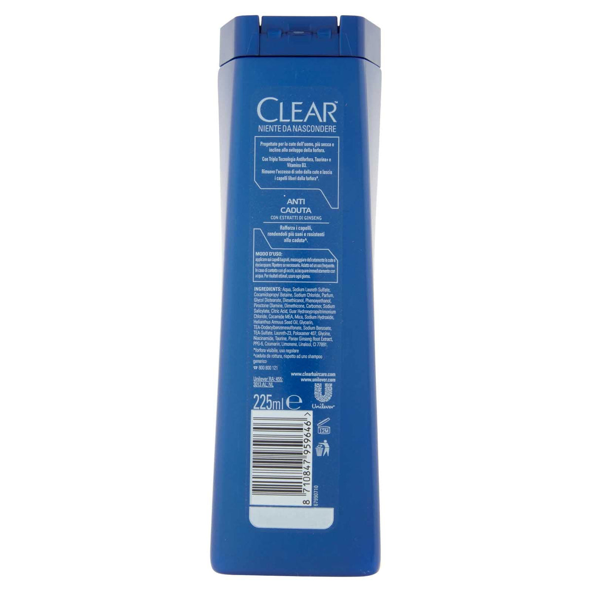 6x Clear Men Anti Caduta Shampoo Antiforfora Con Estratti di Ginseng per Capelli Deboli Utilizzo Giornaliero - 6 Flaconi da 225ml