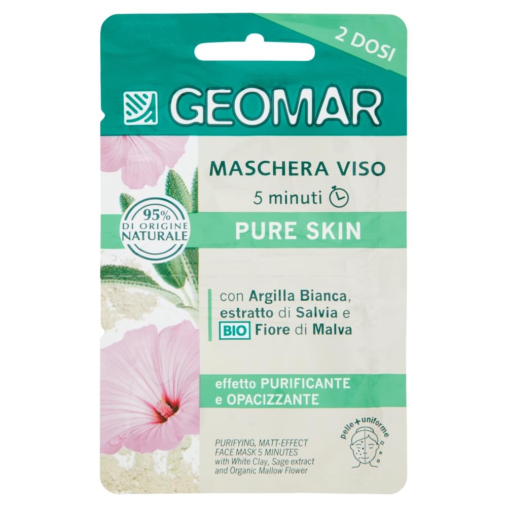 GEOMAR | Maschera Viso Pure Skin, con Argilla Bianca, Estratto di Salvia, BIO Fiore di Malva, Olio di Crusca di Riso ed Estratto di Salice, 95% di Origine Naturale, Made in Italy, 6 x 15 ml