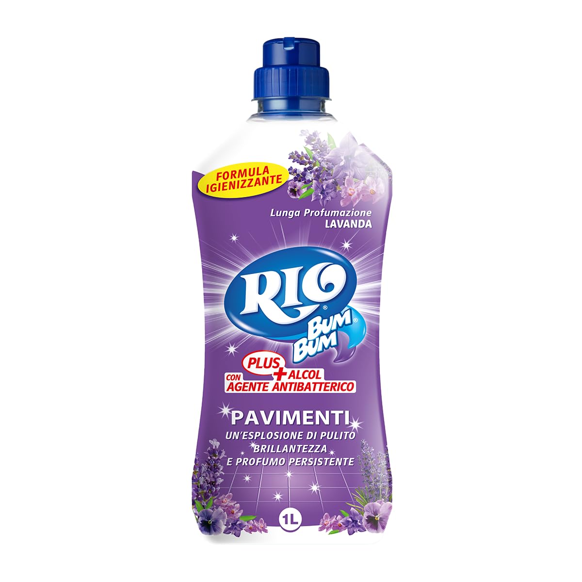 6x RIO Bum Bum Pavimenti, detergente per pavimenti con alcool, profumo di Lavanda, 1000ml + 1x Gingerino Recoaro Aperitivo Italiano 10cl IN OMAGGIO