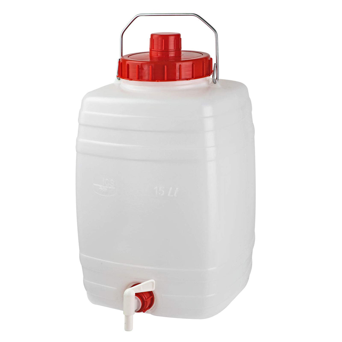 Bottiglione in plastica (HDPE), quadrato con collo largo e rubinetto, capacità 10 Lt, maniglia in ferro e tappo a vite (incluso)