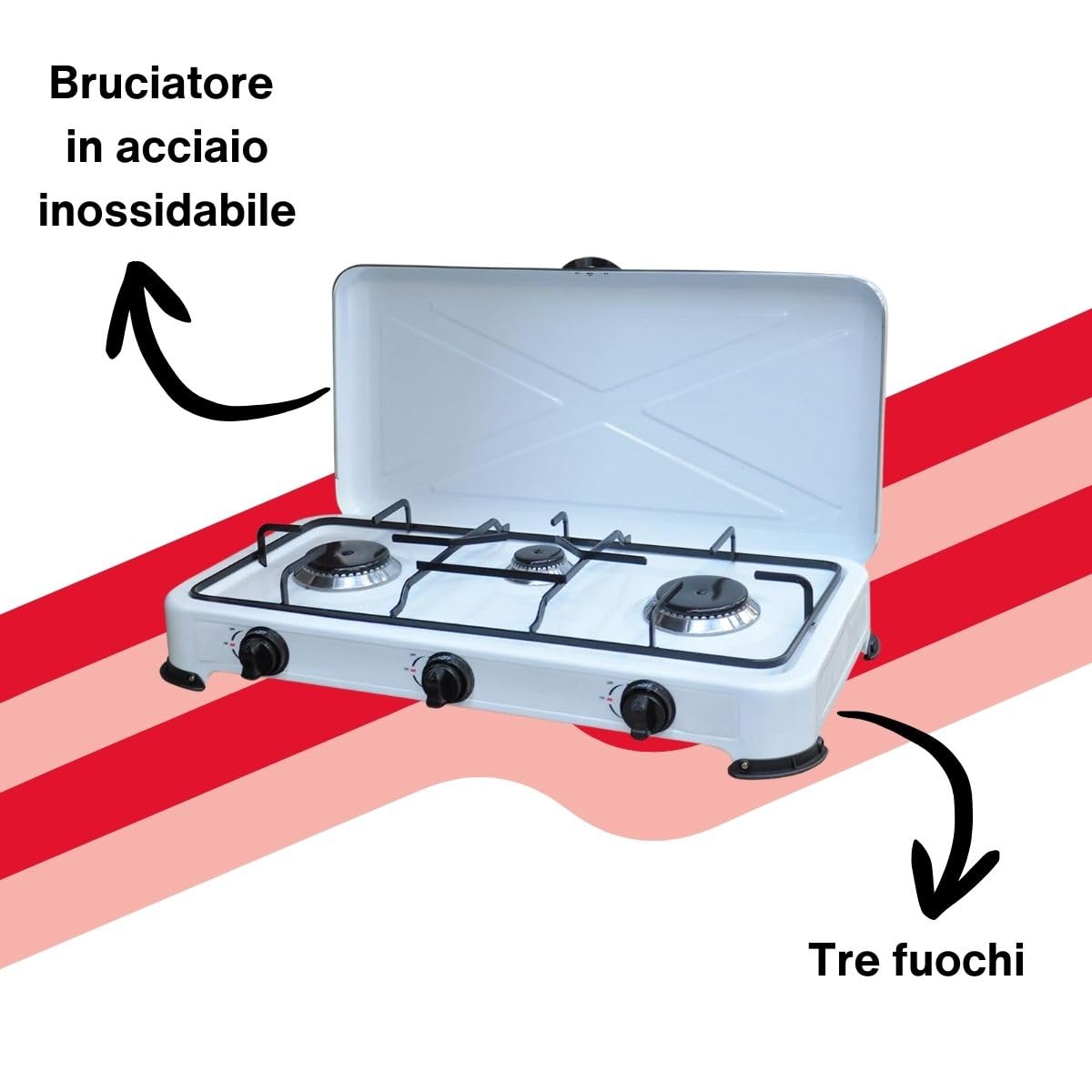 Fornello a Gas GPL Kasart - Potente Bruciatore in Acciaio Inox Leggero e Facile da Trasportare, Struttura in Acciaio Smaltato con Piedini Antisdrucciolo, Ideale per Fornello da campeggio (3 Fuochi)