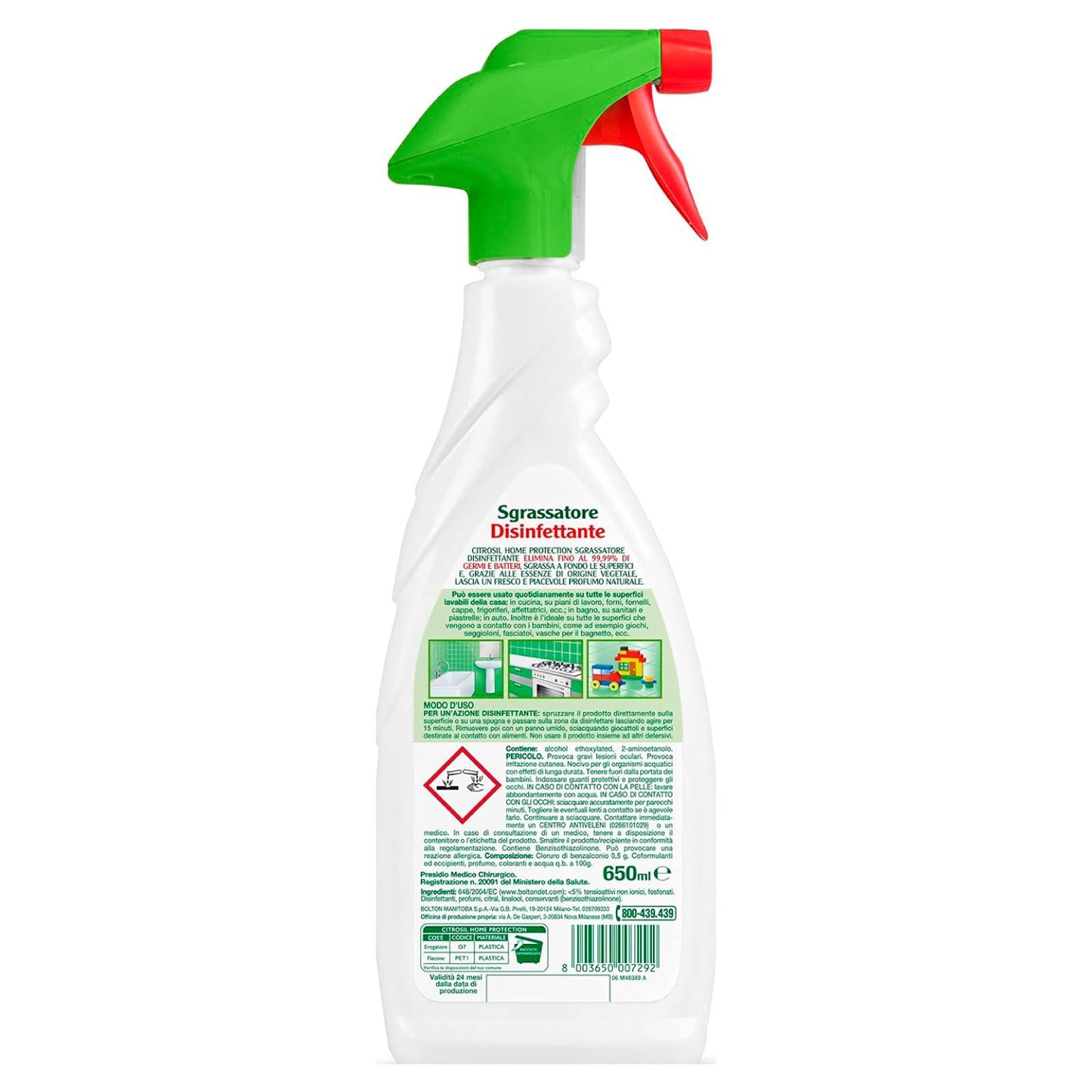 Citrosil Home Protection - Sgrassatore Disinfettante Univerale Essenza di Limone 650 ml + Spray Igienizzante Superfici Multiuso Essenza di Tea Tree, Elimina Germi e Batteri, 650 ml