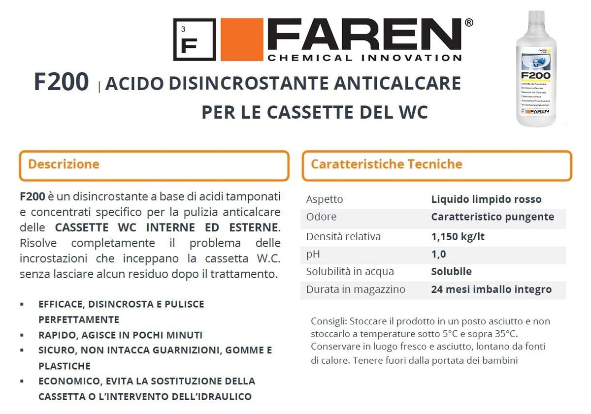 FAREN, Disincrostante Anticalcare F200, Elimina Incrostazioni di Calcare dalle cassette di scarico, Sicuro su Plastiche e Gomme, Efficiente ed Economico, 1lt (12pz)