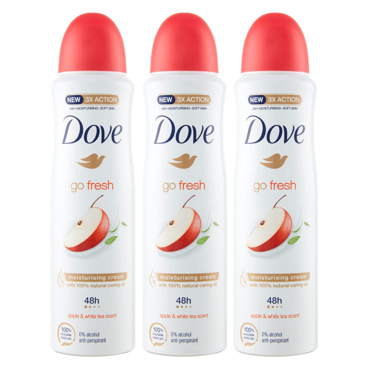 3x Dove Deodorante Go Fresh Mela e Tè Bianco 0% Alcol Anti-Traspirante - 3 Deodoranti Spray da 150ml