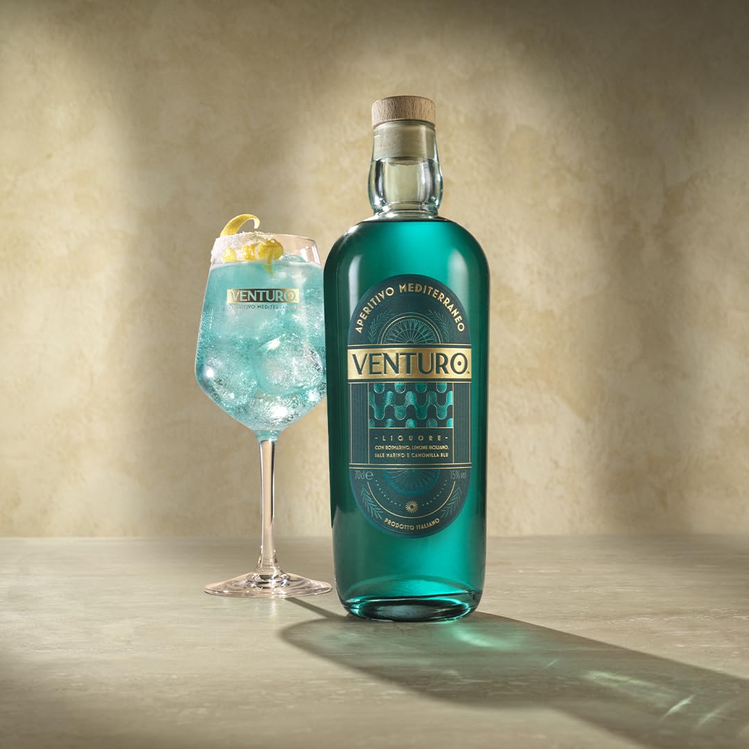 Venturo Aperitivo Mediterraneo Liquore, con Rosmarino, Limone Siciliano, Sale Marino e Camomilla Blu, 15% vol, 70cl