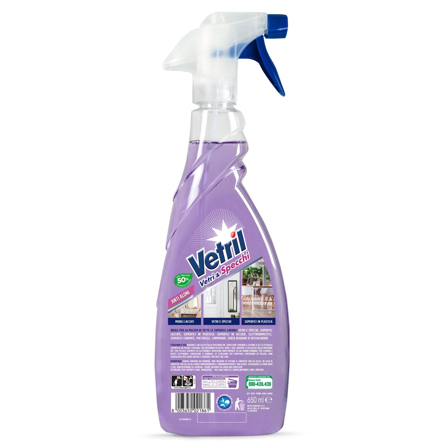 Vetril - Vetri e Specchi, Detergente Spray Tecnologia Asciuga Rapido, Brillantezza Senza Aloni, 650 ml x 3 Pezzi