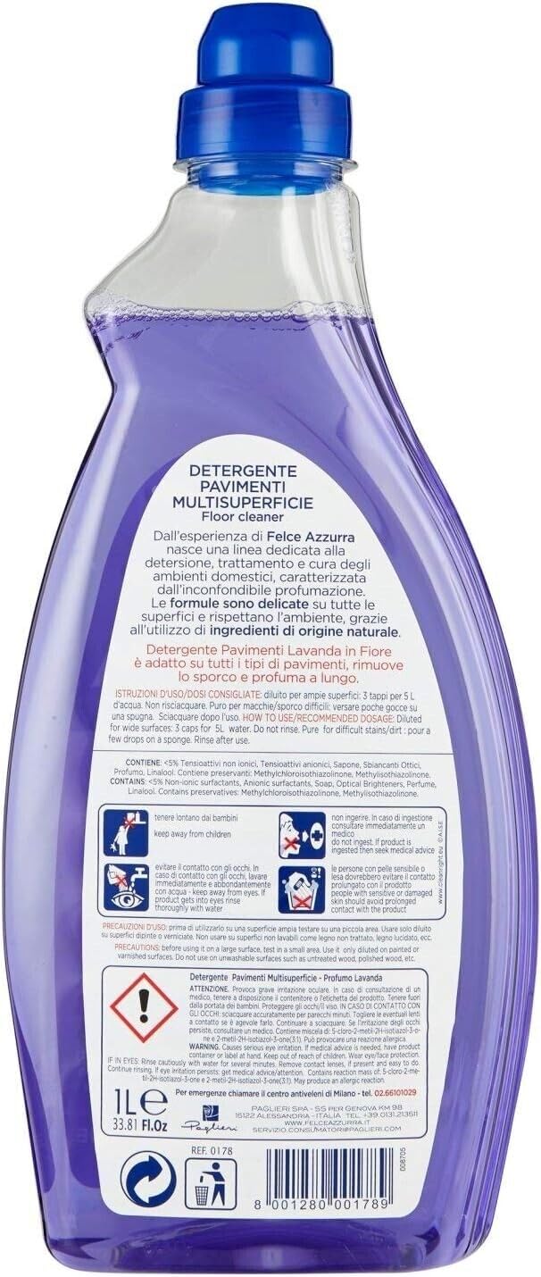 Confezione da 12 Paglieri Felce Azzurra Pavimenti Lavanda Detergente per pavimenti multipli 1 litro