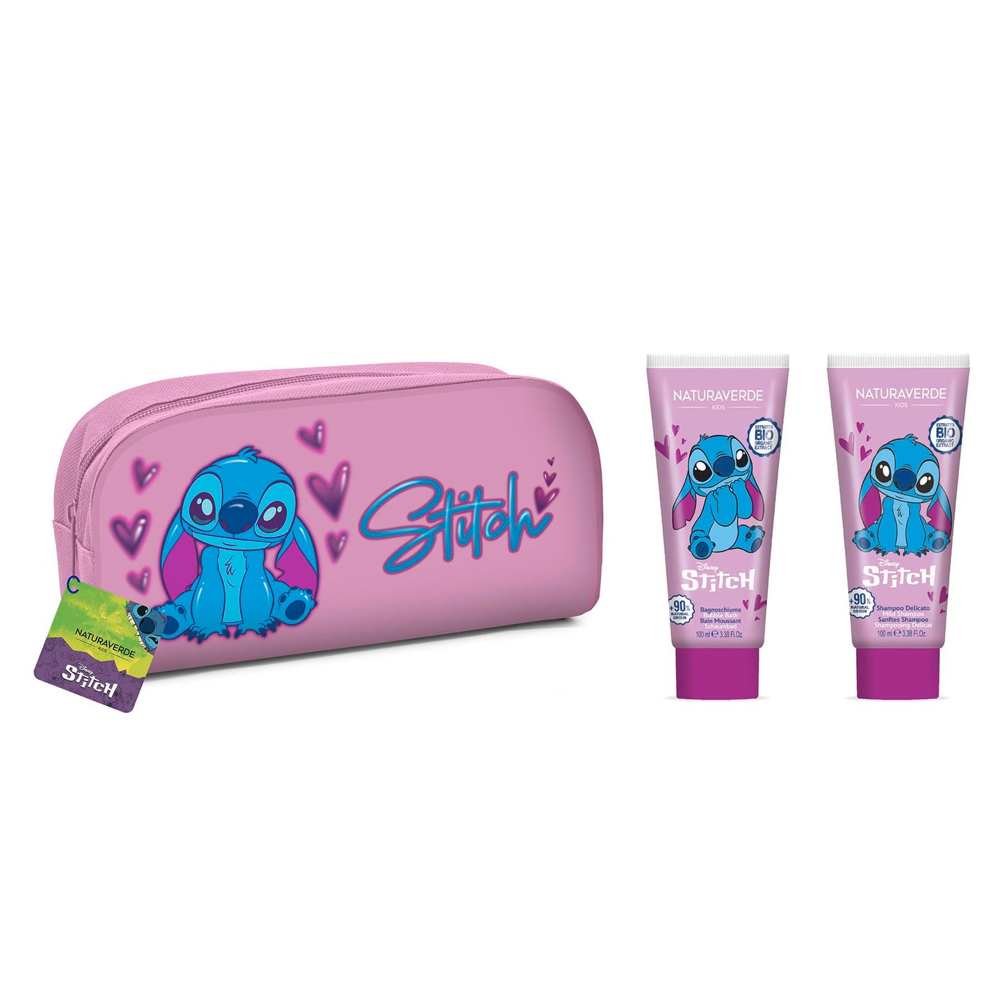 Naturaverde| Kids- Disney Stitch - Confezione Regalo, Shampoo 100 ml, Bagnoschiuma 100 ml + Beauty Case Stitch